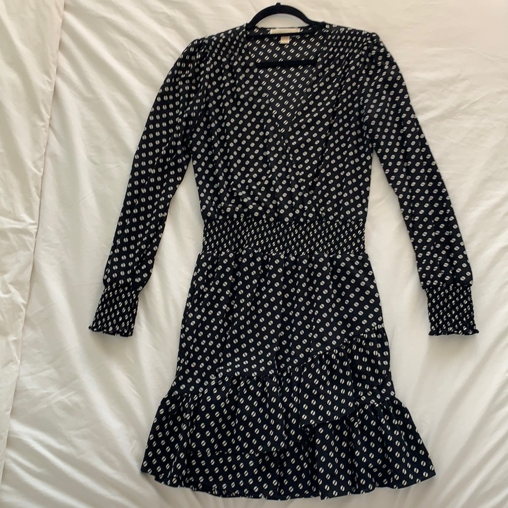 Michael Kors Smocked Ruffled Dot-Print Dress